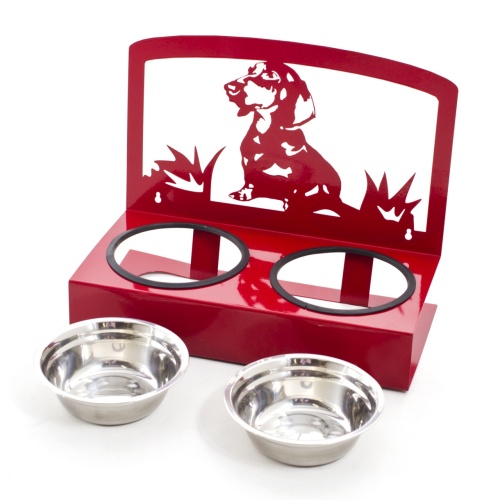 Детальная картинка Подставка с 2 мисками "Такса" цвет вишня (D-16 см 500 мл, выс.7/27 см) напольная металлическая, для животных фото 2