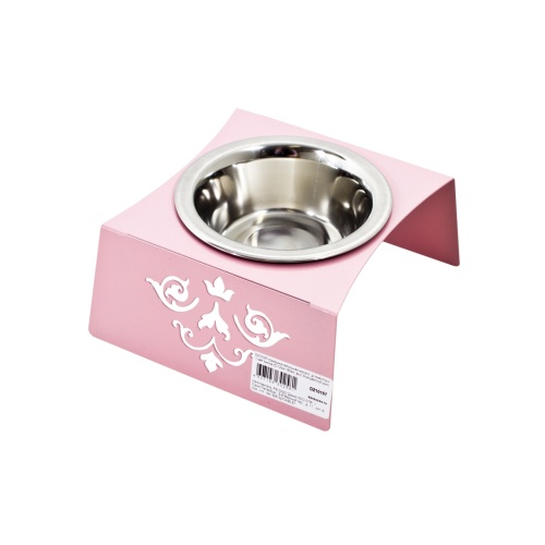 Детальная картинка Подставка с 1 миской "Собака/узор" вогнут края, розовая (D-12 см 180 мл, h-7 см), напольная металлическая, для животных фото 2
