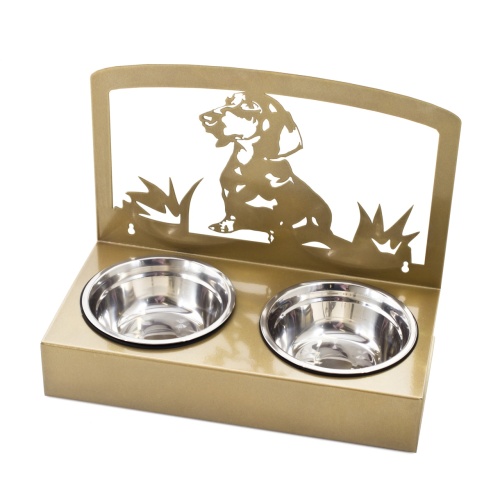 Детальная картинка Подставка с 2 мисками "Такса" золотистая (D-14 см 350 мл, выс.6,5/23 см), металлическая напольная