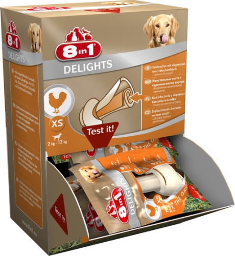 Детальная картинка Косточки с куриным мясом 8in1 Delights Bone XS (7,5см ) шоу-бокс (30шт по 12 г), для мелких пород собак