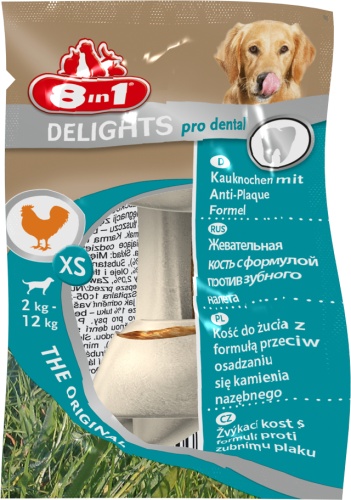 Детальная картинка Косточка 8in1 Delights Pro Dental для очистки зубов собак, с куриным мясом в жесткой говяжьей коже, XS (7,5см), 12 г