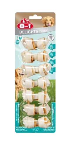 Детальная картинка Косточки 8in1 Delights Pro Dental для очистки зубов собак, с куриным мясом в жесткой говяжьей коже, XS (7,5 см), 7 шт.