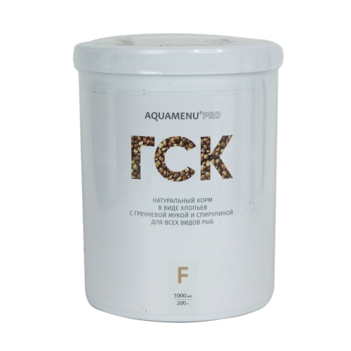 Детальная картинка Корм ежедневный AQUAMENU PRO ГСК-F 1000 мл, хлопья с гречневой мукой и спирулиной, для всех видов рыб в пресноводном и морском аквариуме