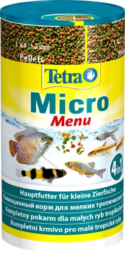 Детальная картинка Корм Tetra Мicro Мenu 100 мл, четыре вида корма для всех видов мелких рыб  (микрогранулы, микропалочки, микрошарики, микрочипсы)