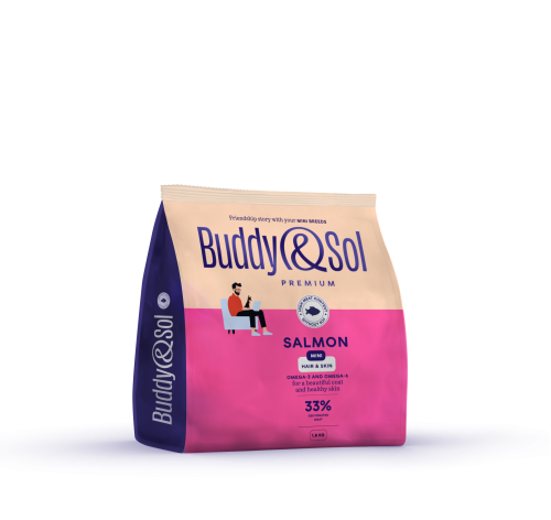 Детальная картинка Buddy&Sol PREMIUM HAIR & SKIN Полнорационный сухой корм премиум-класса с лососем для взрослых собак средних и крупных пород. Здоровая кожа и красивая шерсть 1,8кг