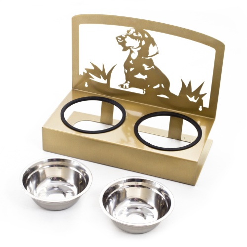 Детальная картинка Подставка с 2 мисками "Такса" золотистая (D-14 см 350 мл, выс.6,5/23 см), металлическая напольная фото 2