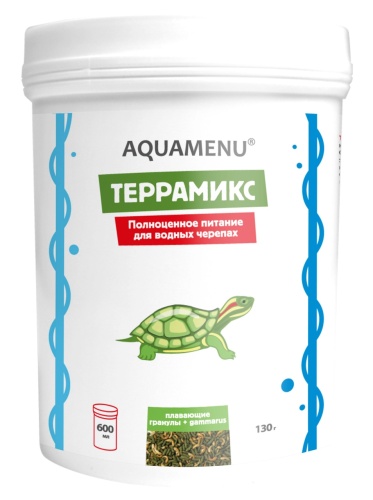 Детальная картинка Корм AQUAMENU Террамикс 600 мл., для водных черепах в виде плавающих гранул и гаммаруса NEW