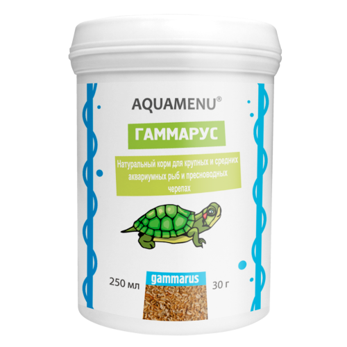 Детальная картинка Корм натуральный AQUAMENU Гаммарус 250 мл, гранулы для крупных, средних рыб и пресноводных черепах