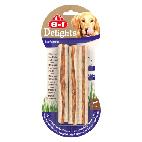 Детальная картинка Палочки 8in1 Delights Beef для собак, с говяжьим мясом в жесткой говяжьей коже, 3 шт х 25 г