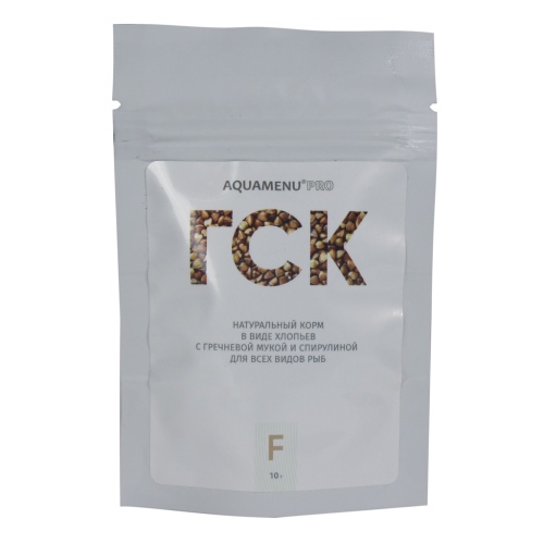 Детальная картинка Корм ежедневный AQUAMENU PRO ГСК-F (пакет дой-пак 10г), хлопья с гречневой мукой и спирулиной, для всех видов рыб в пресноводном и морском аквариуме