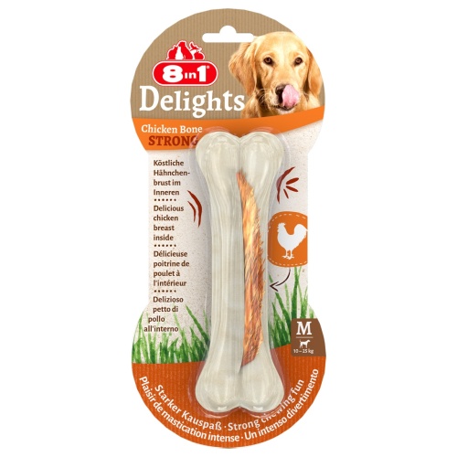 Детальная картинка Косточка прессованная 8in1 Delights Strong для собак, с куриным мясом в жесткой говяжьей коже, M (14,5 см), 1 шт.