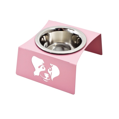 Детальная картинка Подставка с 1 миской "Собака/узор" вогнут края, розовая (D-12 см 180 мл, h-7 см), напольная металлическая, для животных