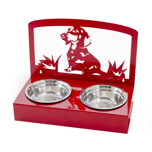 Детальная картинка Подставка с 2 мисками "Такса" цвет вишня (D-16 см 500 мл, выс.7/27 см) напольная металлическая, для животных