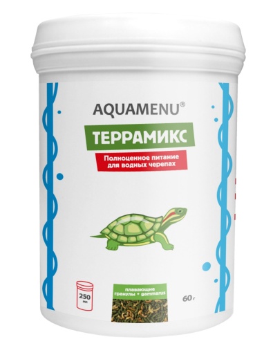 Детальная картинка Корм AQUAMENU Террамикс 250 мл., для водных черепах в виде плавающих гранул и гаммаруса NEW